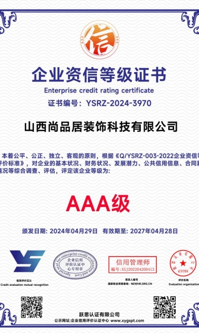 山西尚品居装饰科技有限公司  企业资信等级证书_00